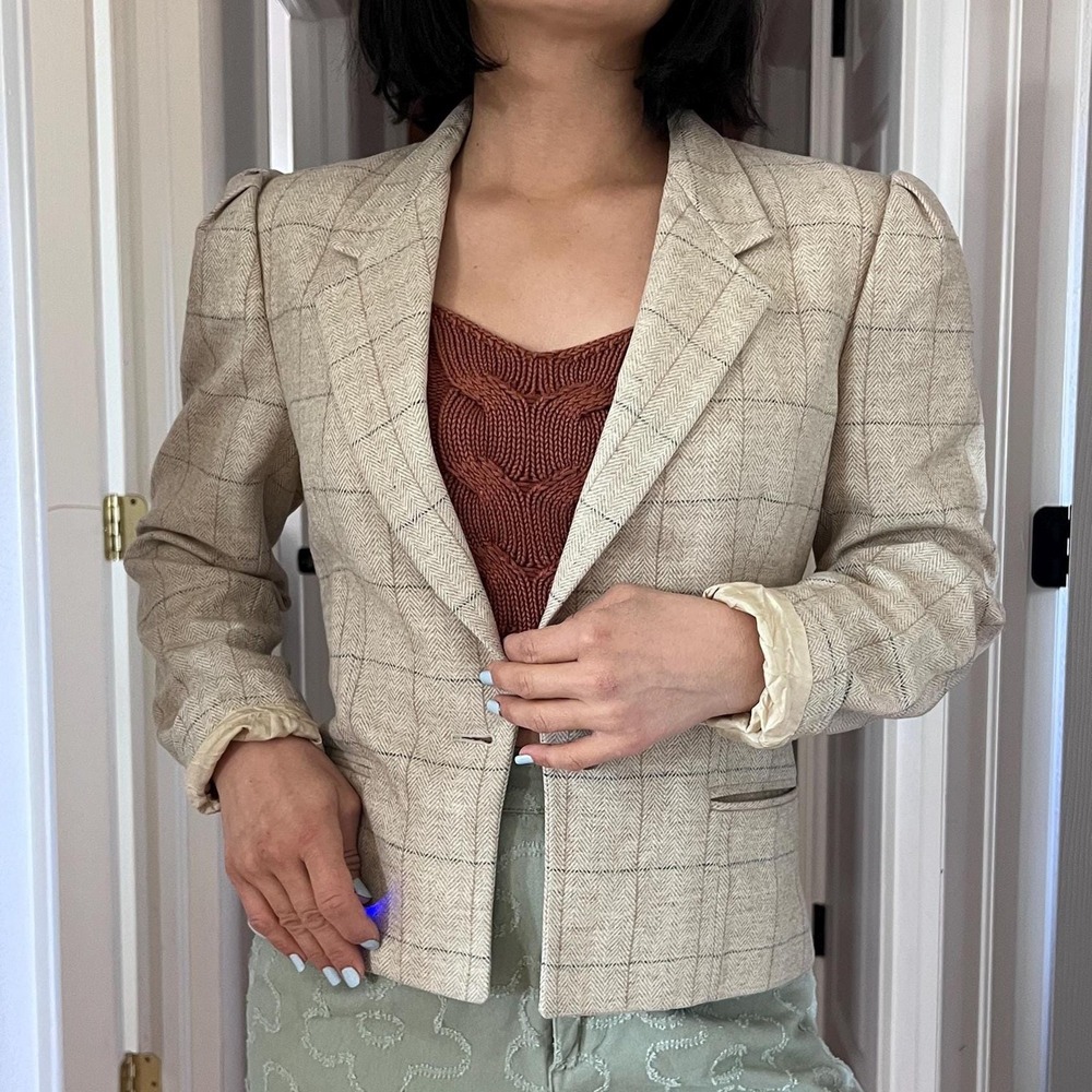 vtg 70s wool blazer cropped neutral beige‎ small windowpane plaid